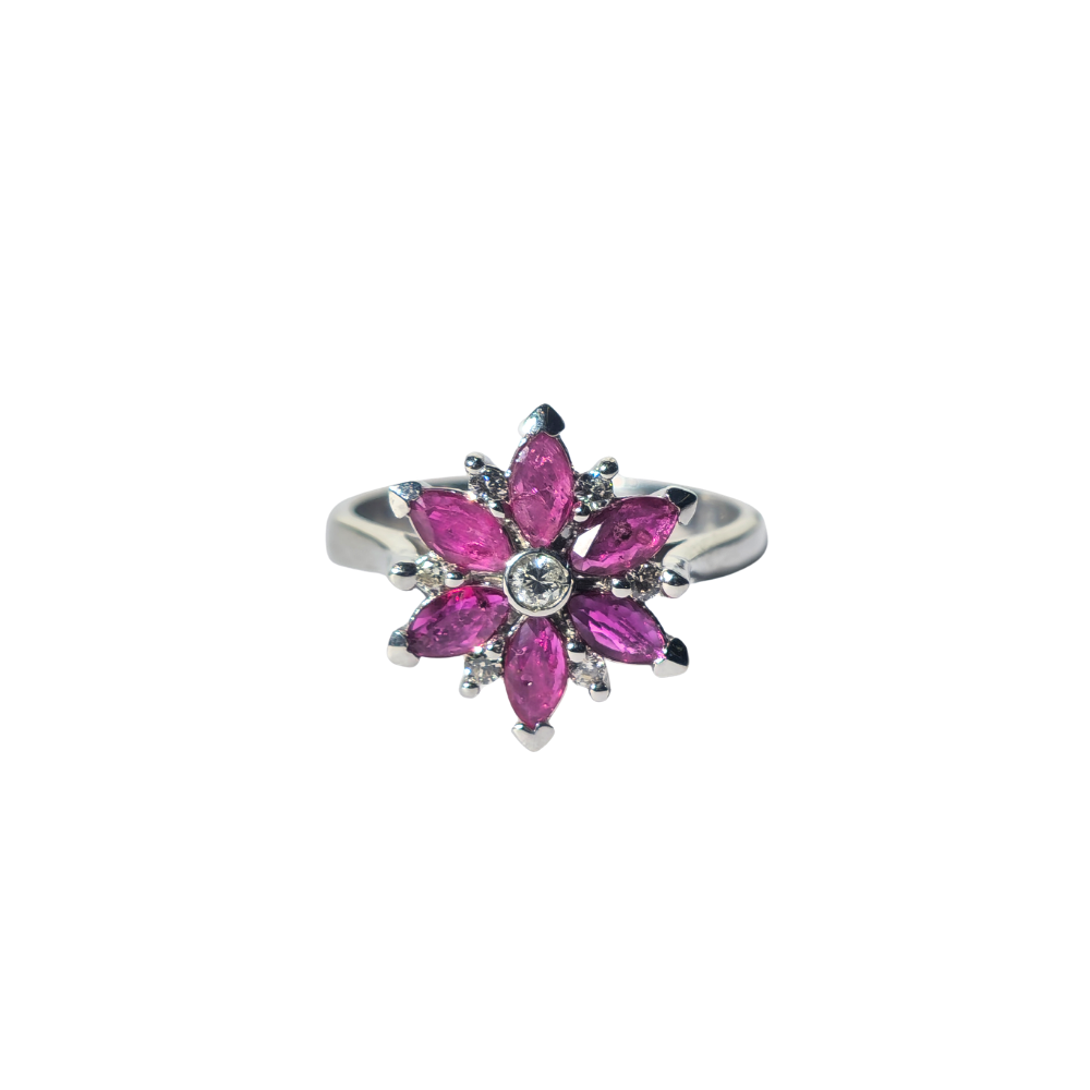 Silver ring with ruby and diamonds.