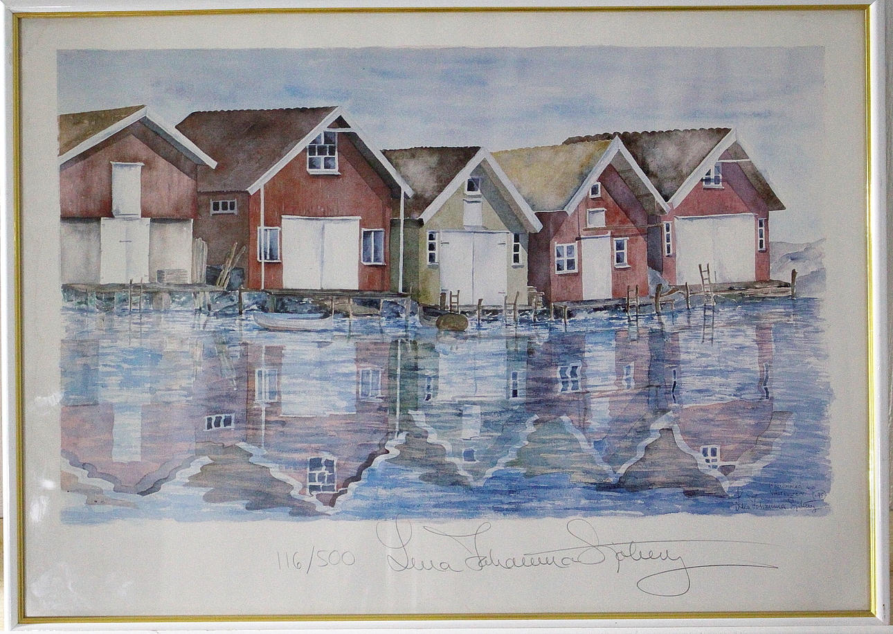 LENA JOHANNA SJÖBERG. litografi, sjöbodar, signerad och numrerad 116/500.