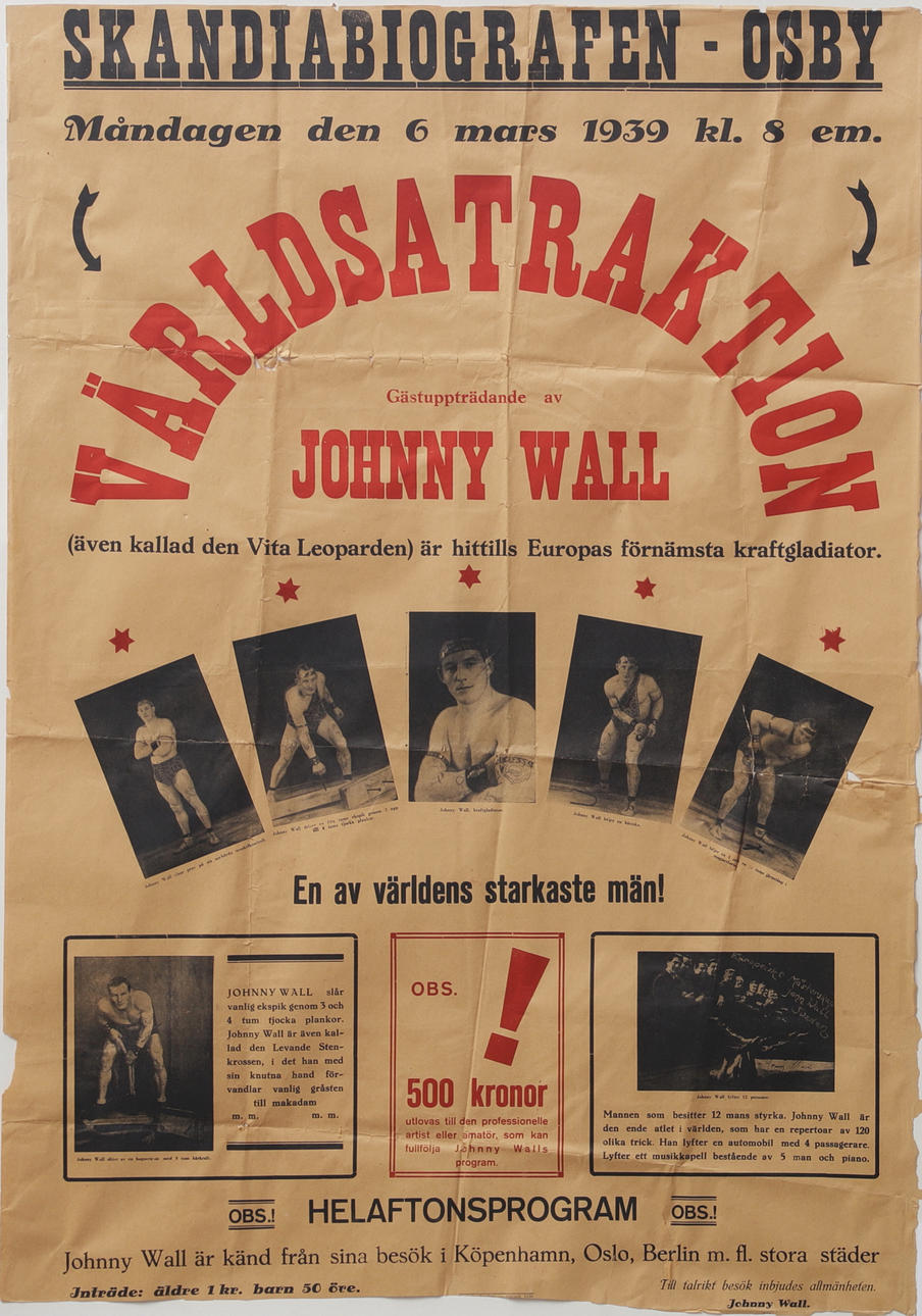 POSTER, the power gladiator Johnny Wall, Osby, 1939.