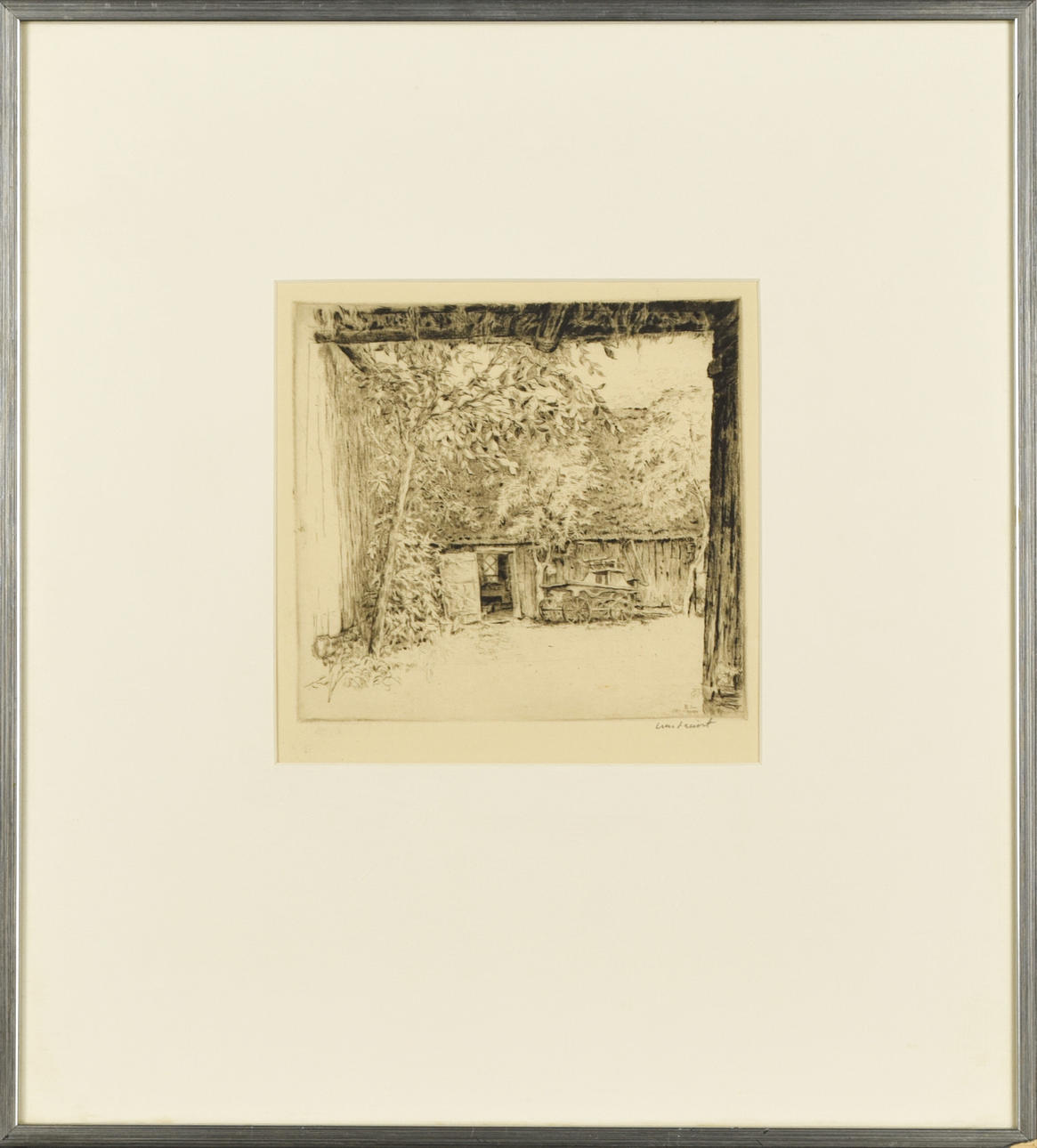 OIDENTIFIERAD KONSTNÄR. Etching, barn motif, signed: B.L / Lundquist, 1944.