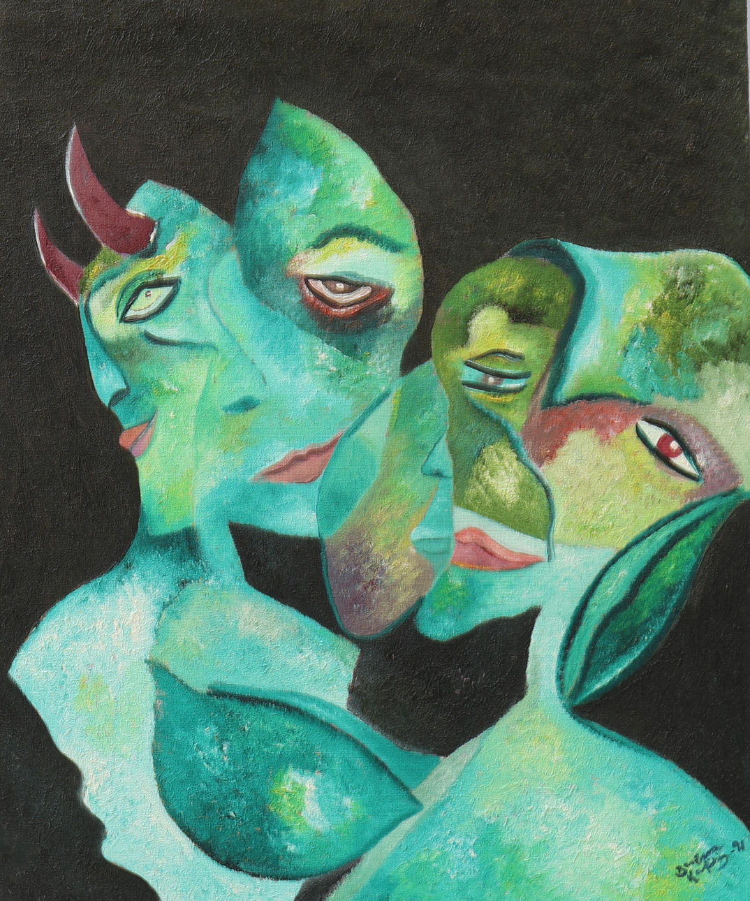 OIDENTIFIERAD KONSTNÄR. Acrylic on canvas, "Möten", signed.
