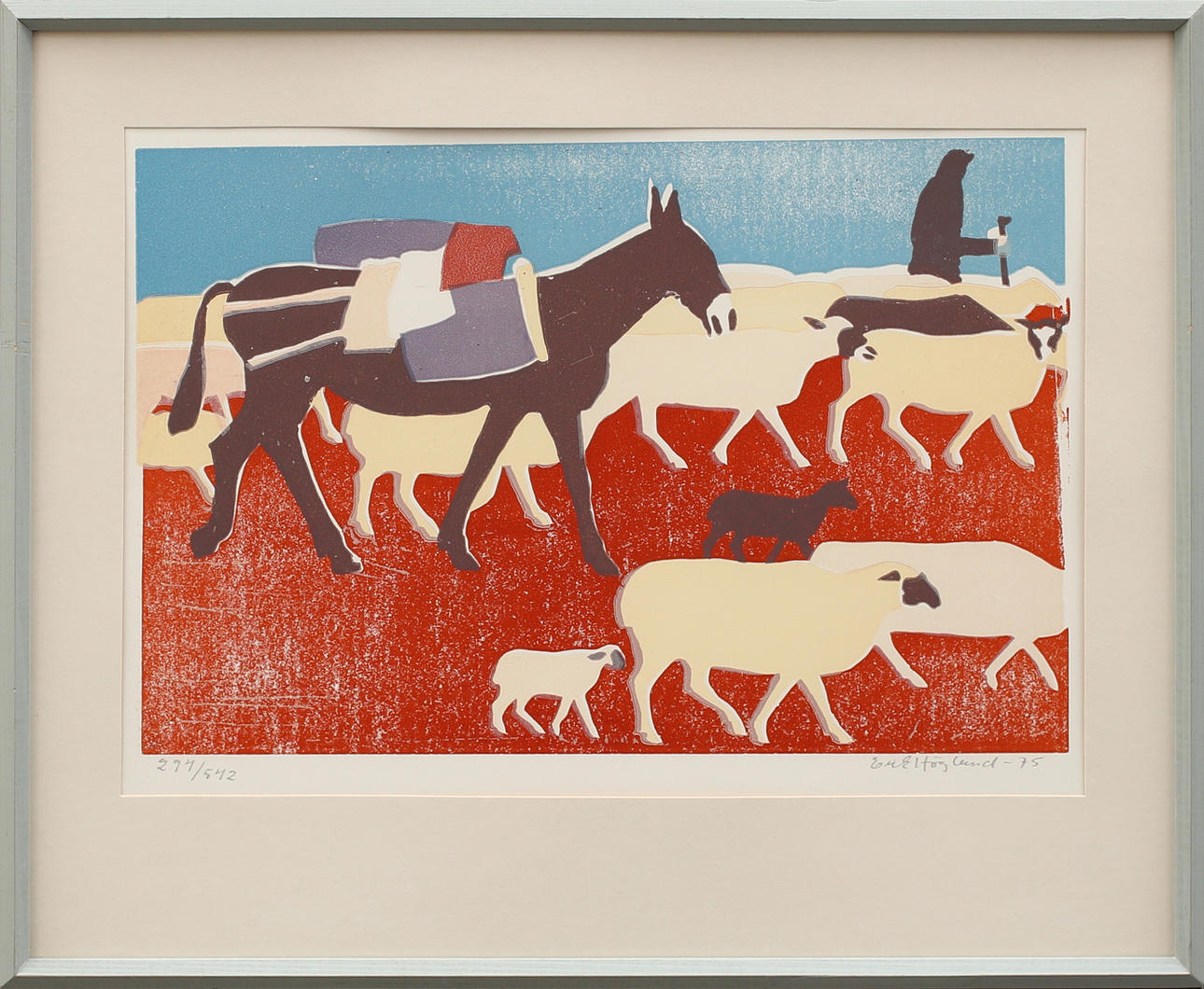 ERIK HÖGLUND. Fårherden, färglitografi nr 294/542, signerad och daterad -75.