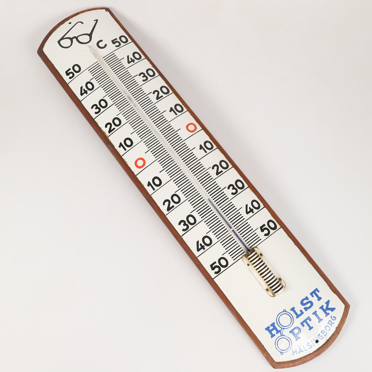 UTETERMOMETER, "Holst Optik", emaljerad metall/trä, 1960/70-tal.