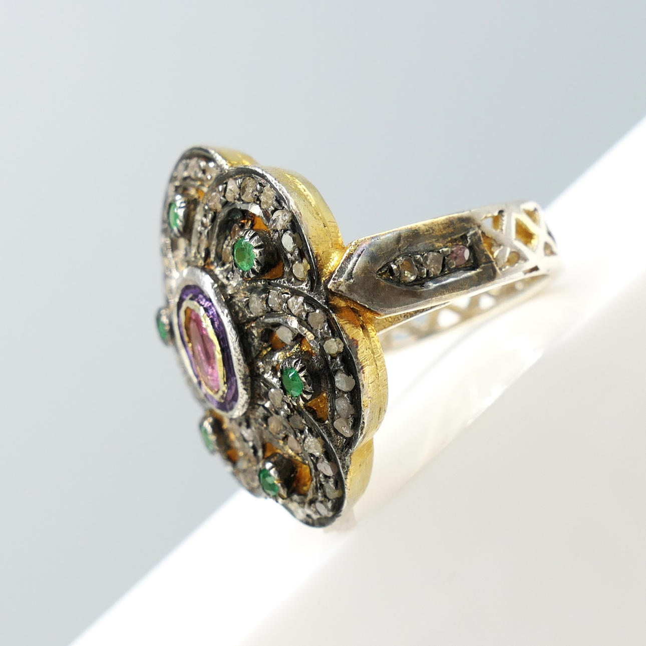 TOURMALINE, EMERALD & DIAMOND ring.