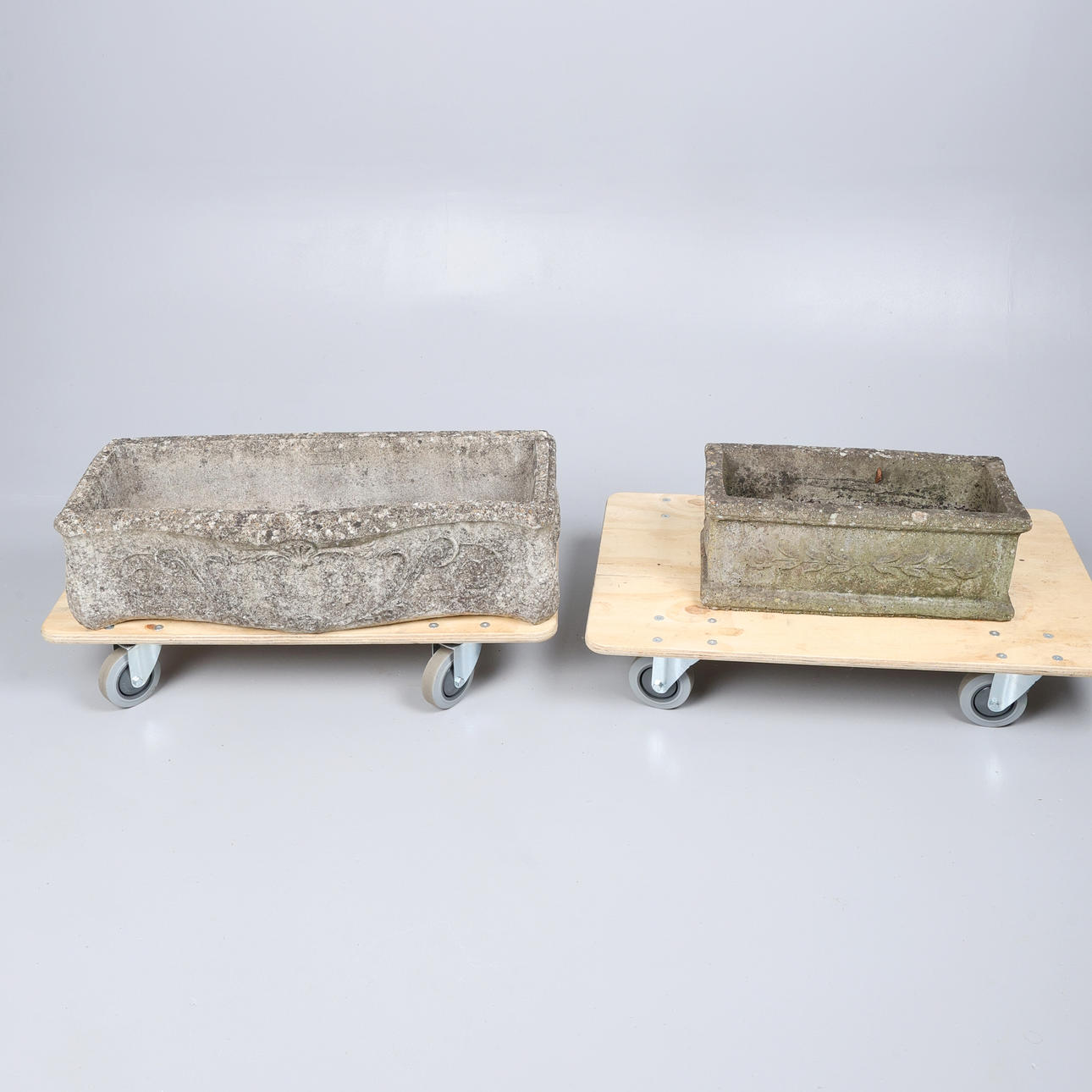 2 COMPOSITION STONE TROUGH PLANTERS.