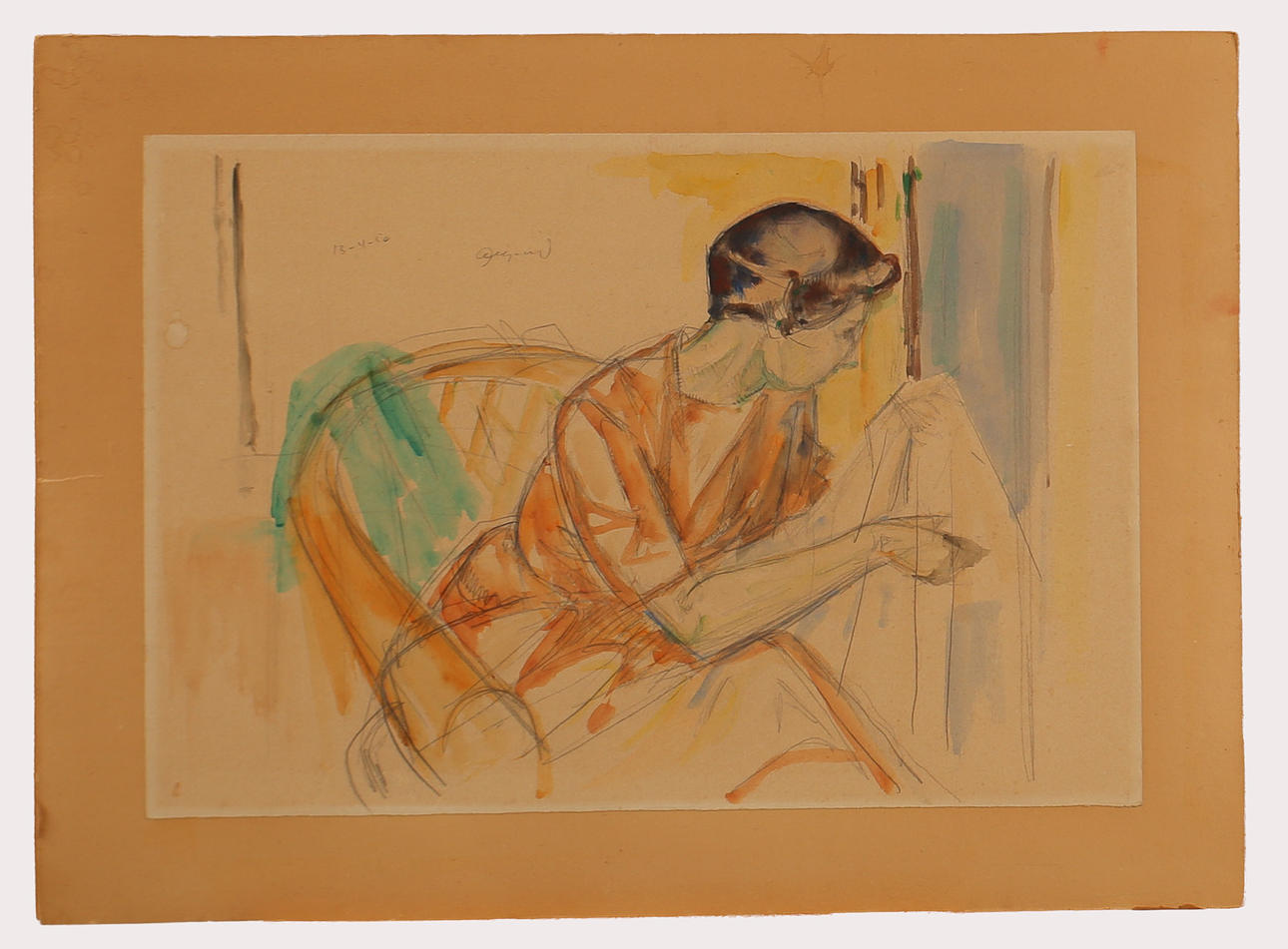 OIDENTIFIERAD KONSTNÄR. Mixed media, woman with needlework, signed, dated 1950, probably Denmark.