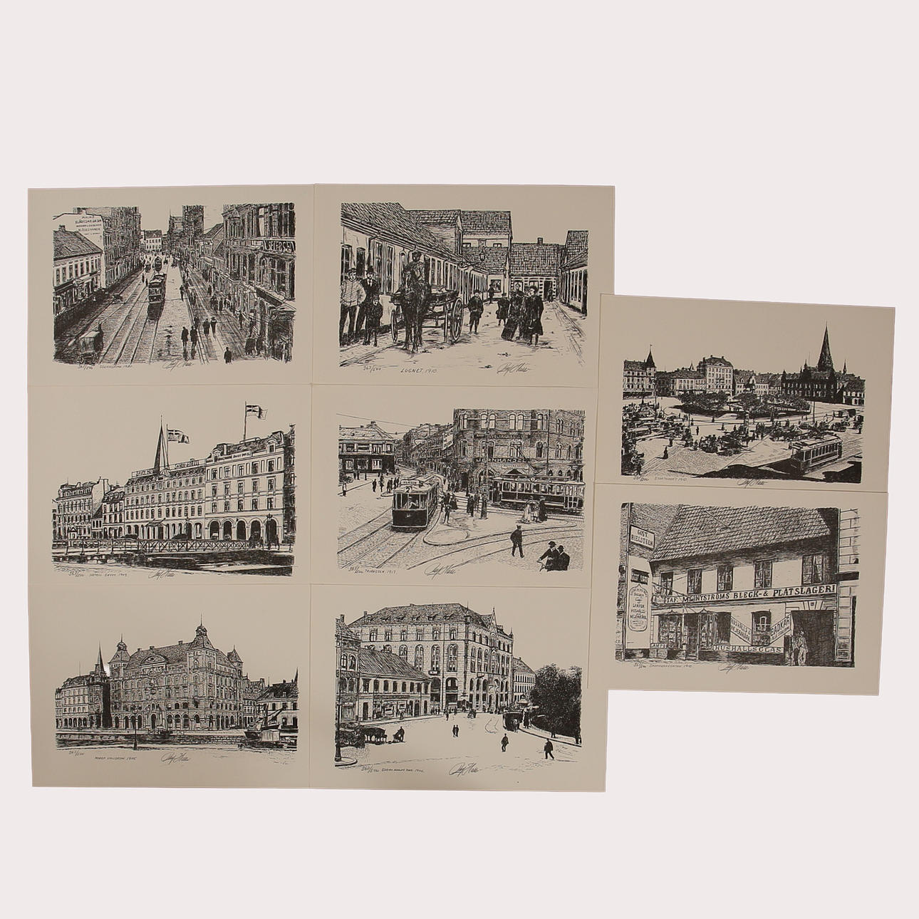 ROLF HALLÉN. Lithographs numbered, signed, 8 pcs, Malmö motifs.