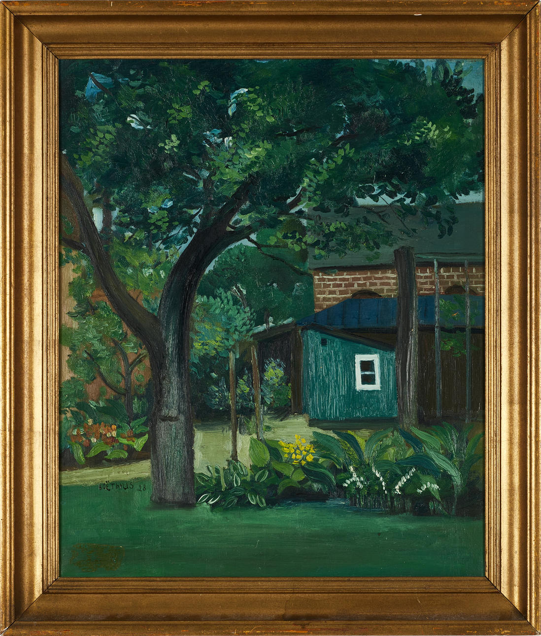 LARS BOËTHIUS (1903-1968), Gårdsexteriör med träd och växter, signerad och daterad 28