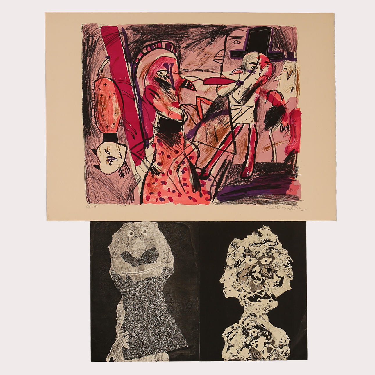 JAQUES FLECHEMULLER. Colour lithograph "Red Face", numbered, 68/80, signed, and 2 facsimile prints by Jean Dubuffet.