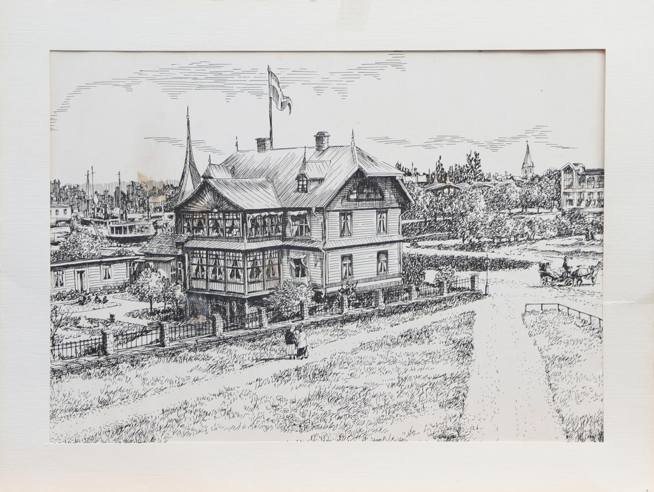 OKÄND KONSTNÄR. TECKNING, tusch, föreställande Gammelstrand restis i Borgholm, brann ner 1974, osignerad.