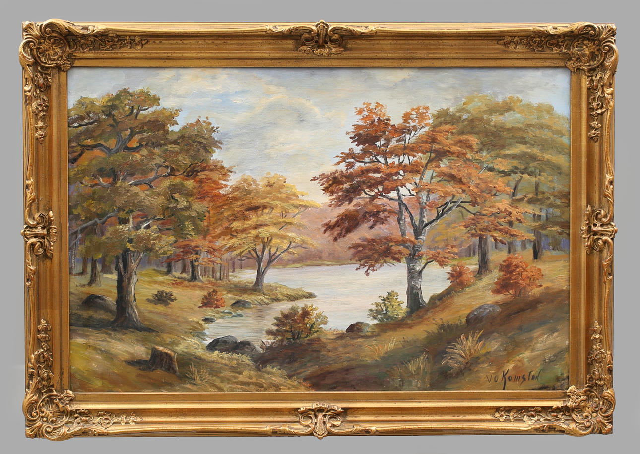 VALERIE OLSSON KOMSTAD. Skogslandskap, olja på duk, signerad VO Komstad.