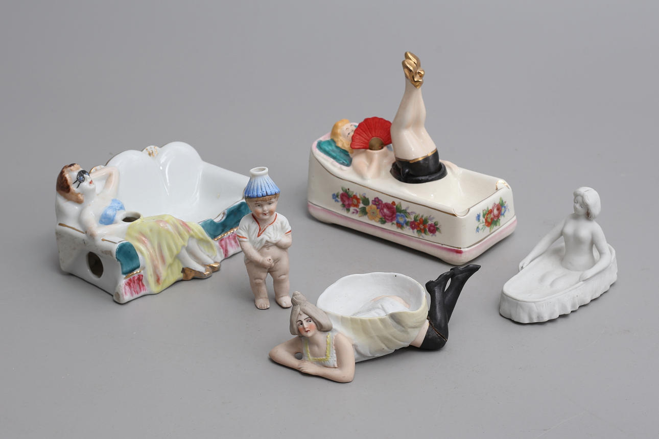 FIGURINES, 5 pcs. risqué, porcelain, 20th century.