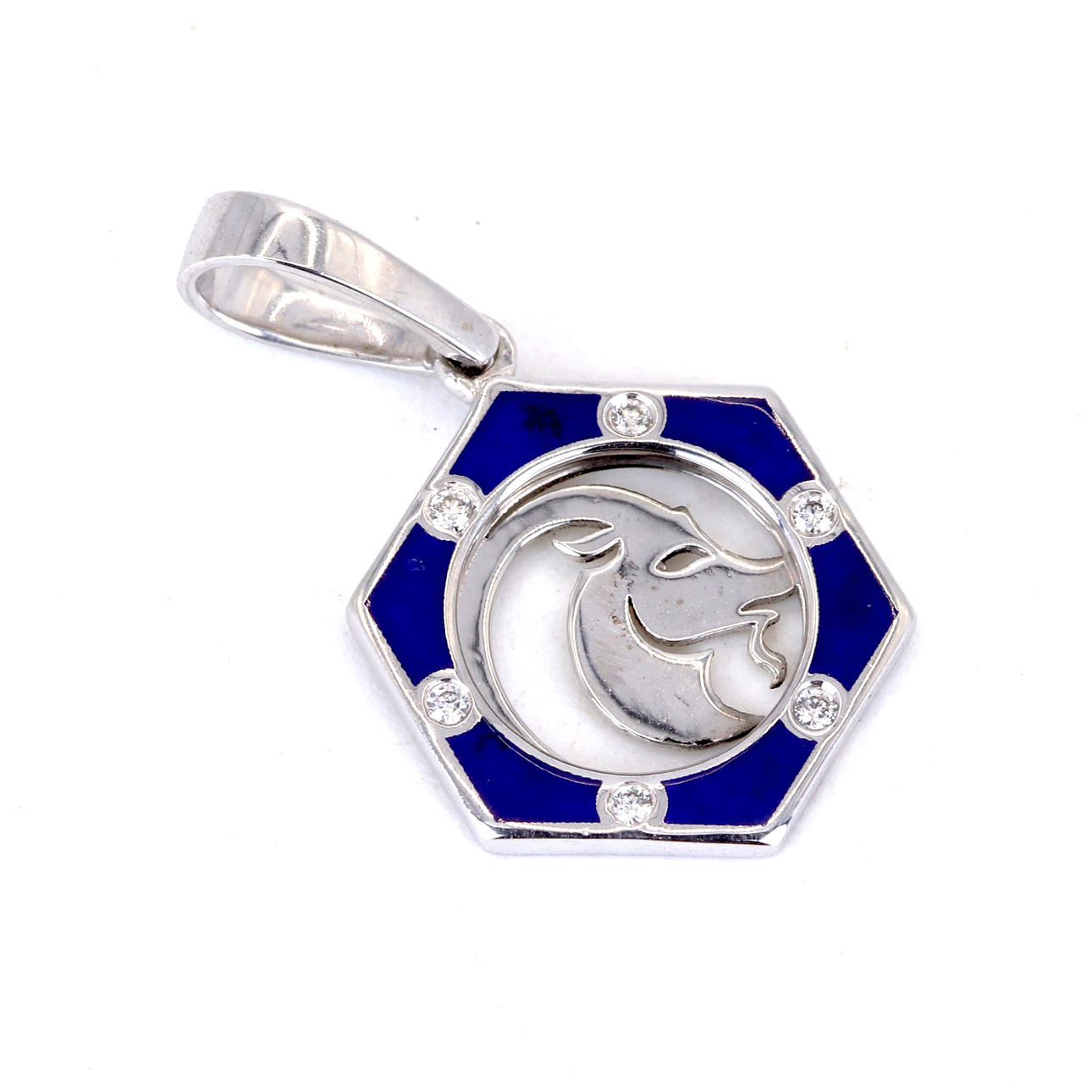 18CT GOLD ENAMELLED DIAMOND PENDANT.