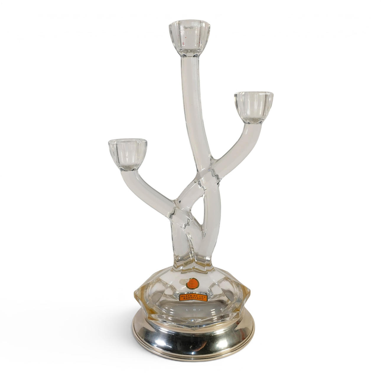 3-light crystal candelabra with sterling silver base.