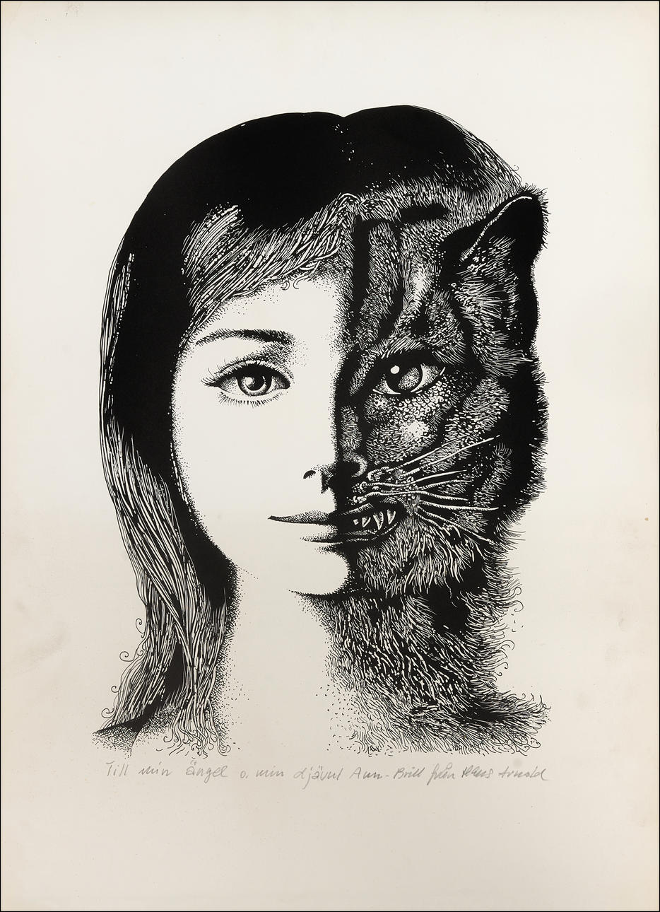 HANS ARNOLD (SVERIGE, 1925-2010). Kattflicka, signerad, litografi, med dedikation