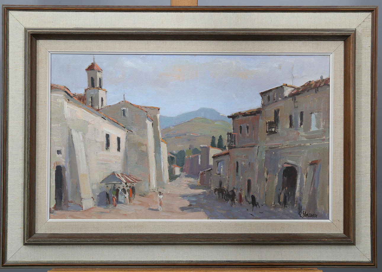ESKIL SKANS. Olja på pannå, Sydländsk gata, signerad E Skans.