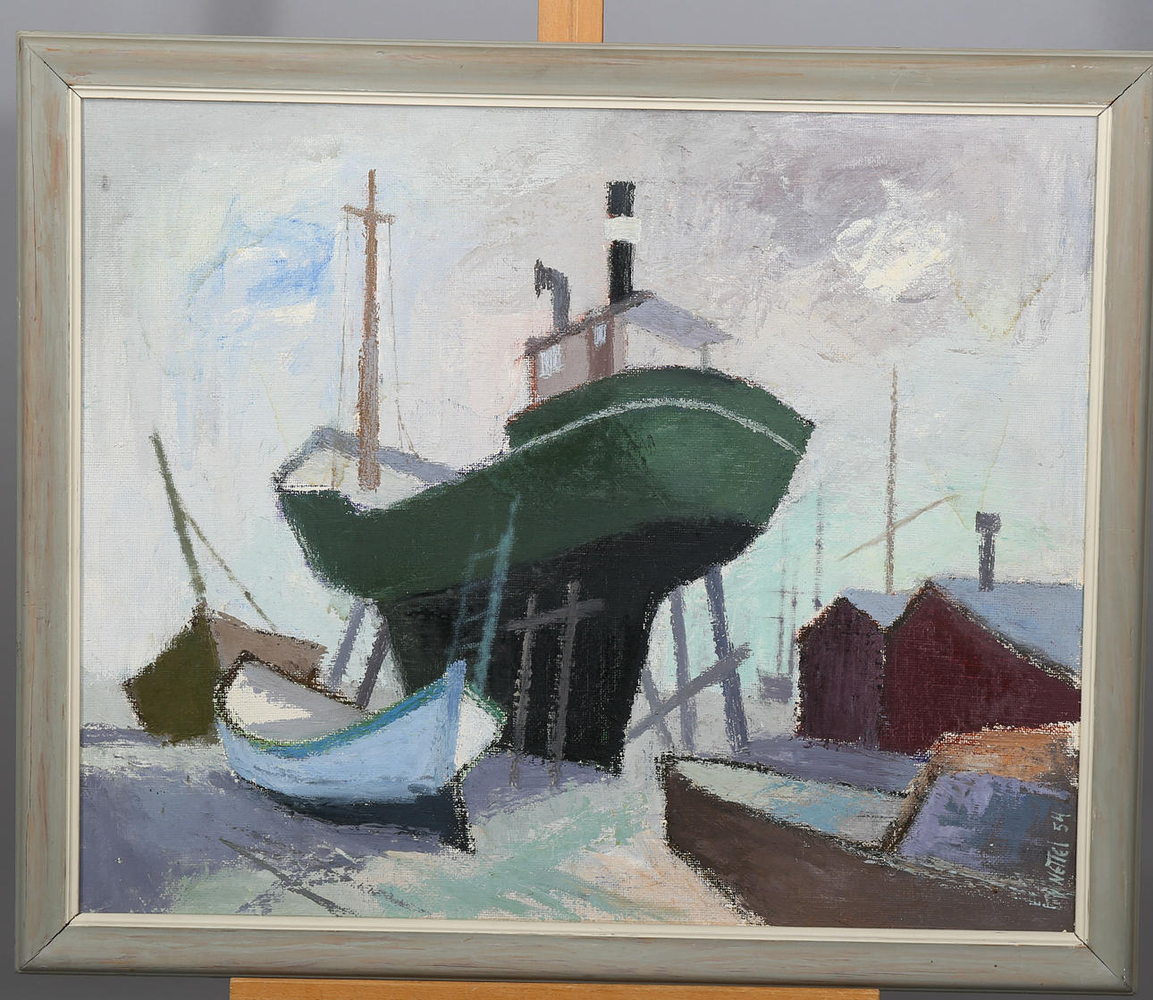 EINAR NETTELBLADT. Olja på pannå, Båtvarv, signerad Nettel.