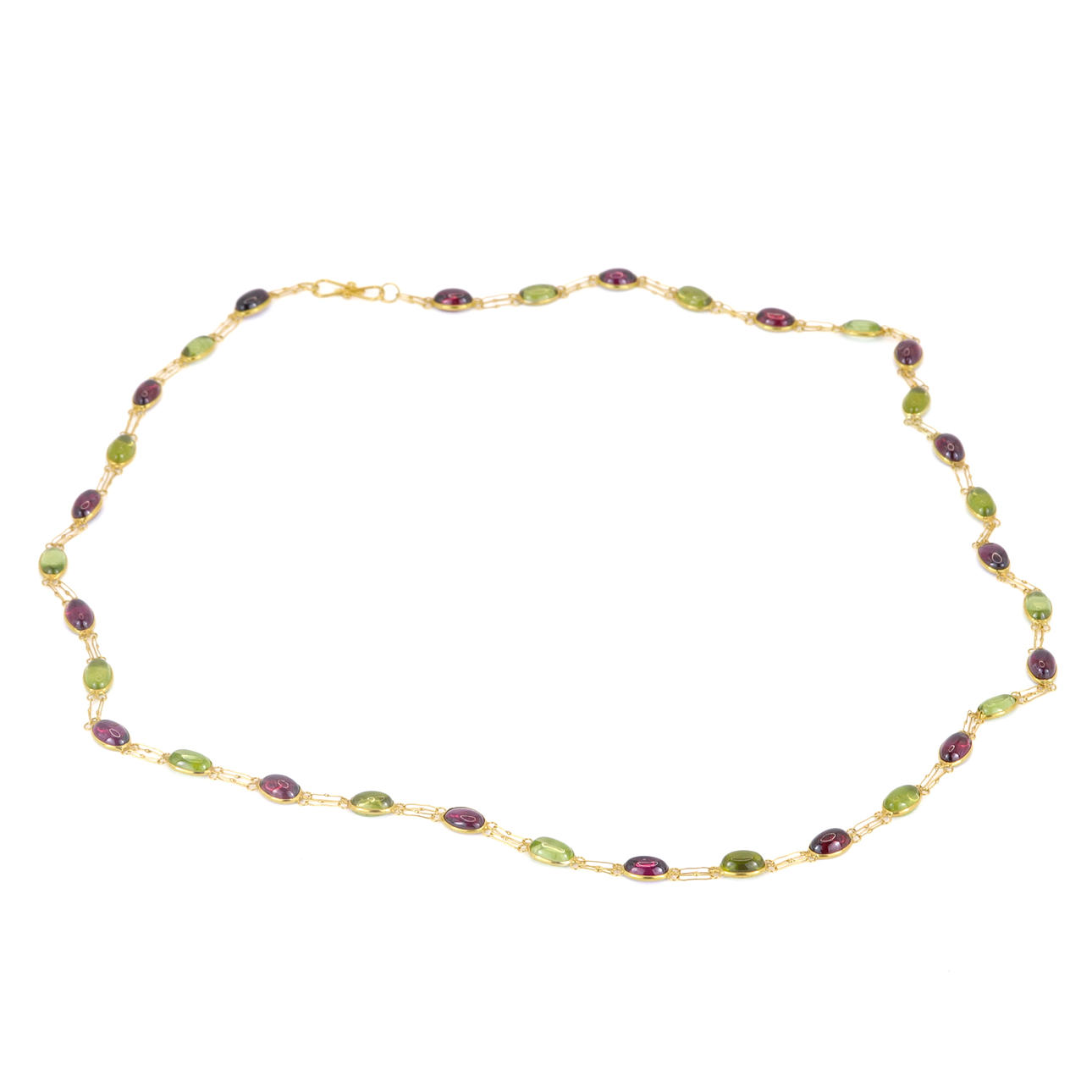 9CT GOLD GARNET& PERIDOT NECKLACE.
