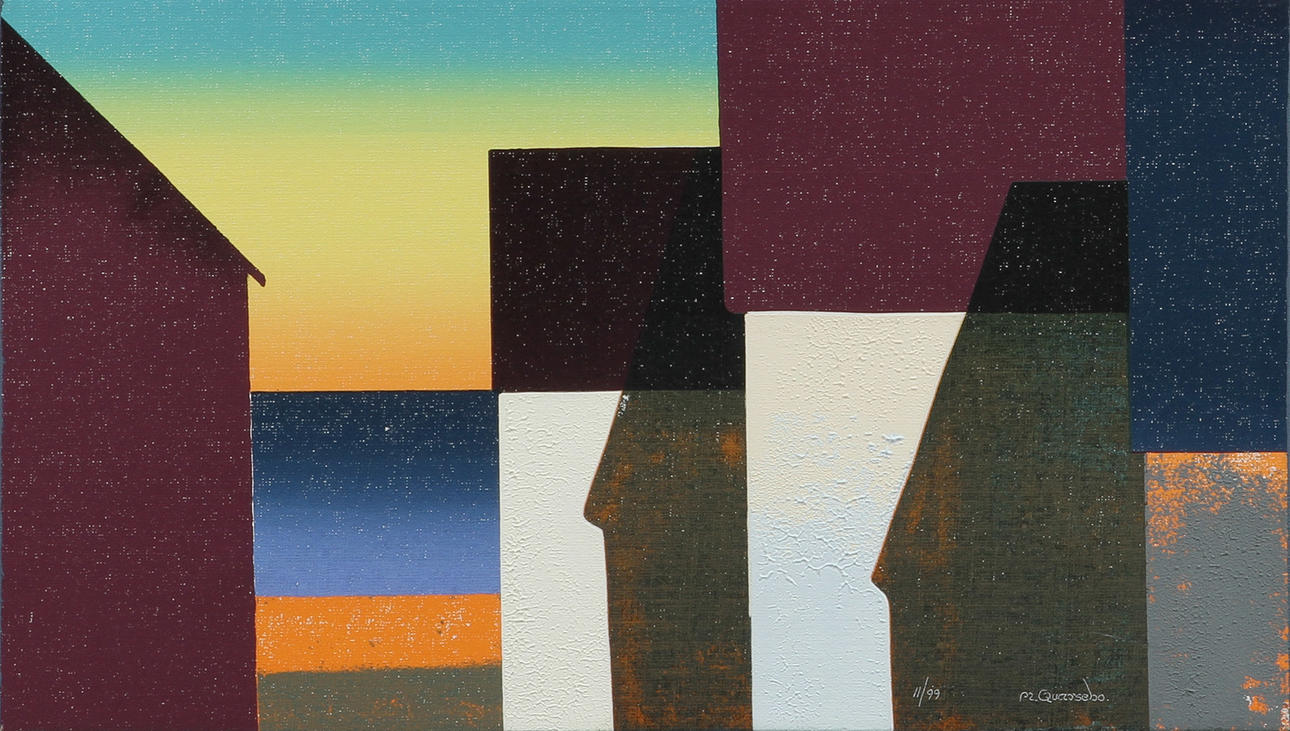 MICHAEL QVARSEBO. Komposition, färglitografi med collage, signerad och numrerad 11/99.