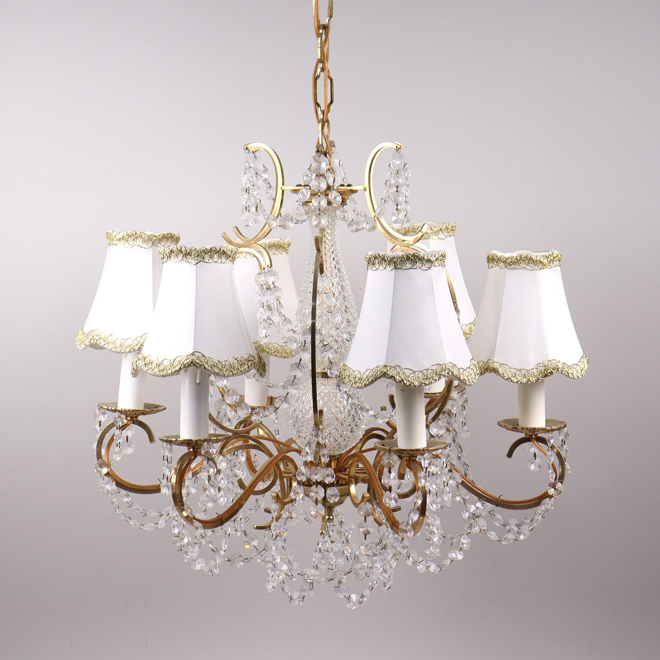 CEILING LAMP, brass and prisms with 6 light sources.