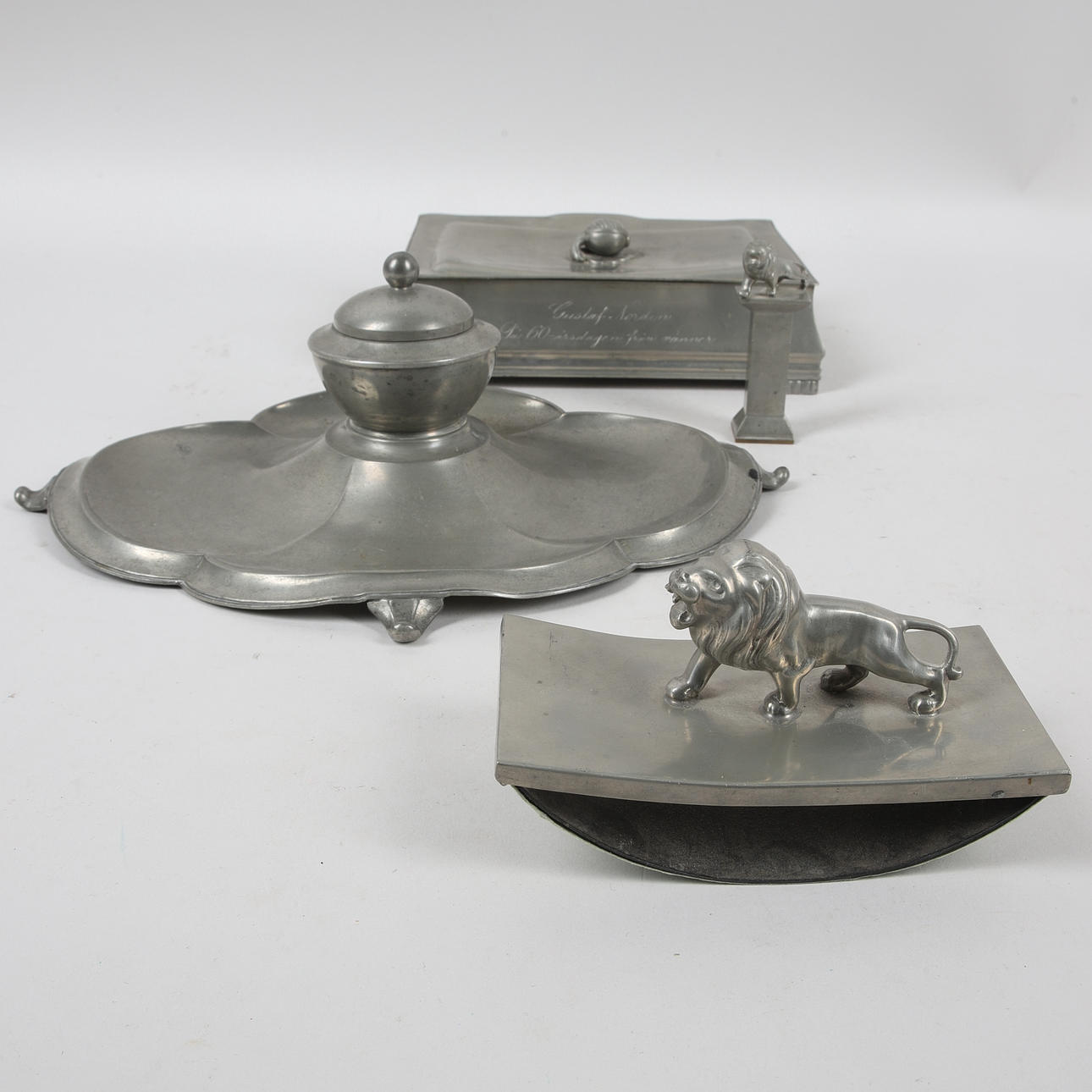 DESK SET, 4 pieces, pewter, 1930s.