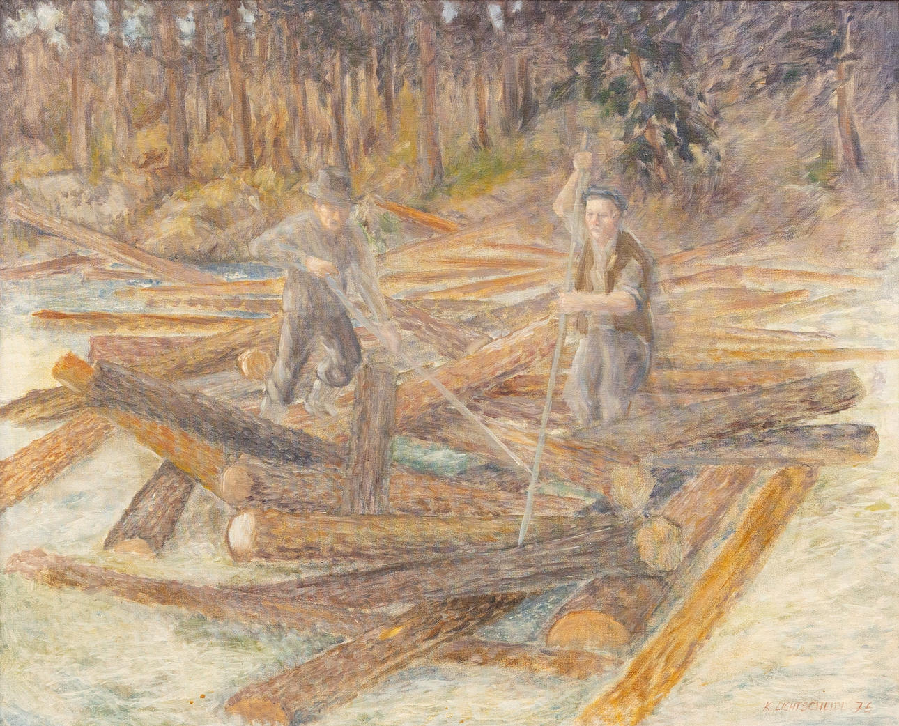 KARL LICHTSCHEIDL. Timber workers, oil on canvas, signed and dated -76.