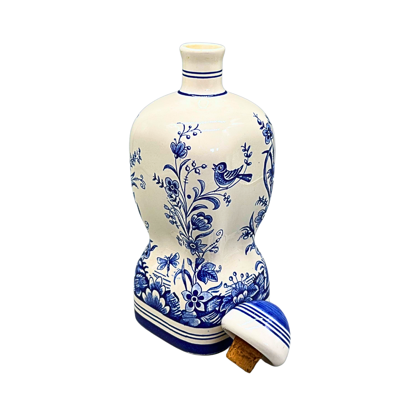 CERAMIC BOTTLE WITH CORK STOPPER AND BLUE BIRD DECOR.