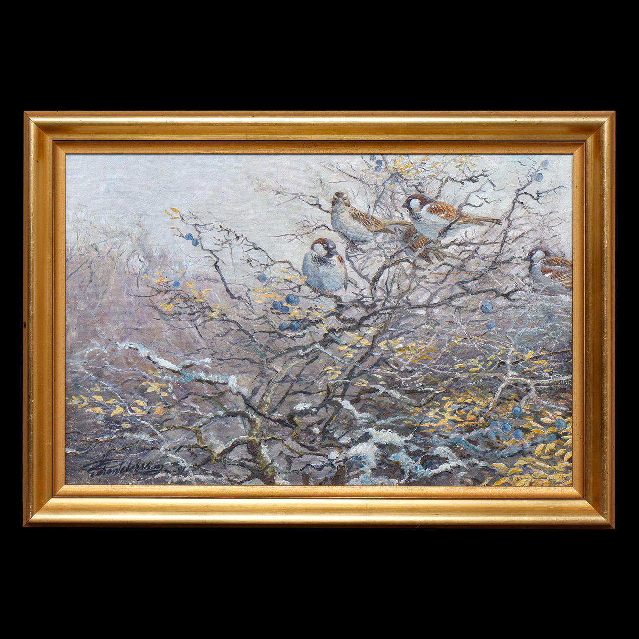 GÖRAN PETTERSSON, OIL ON CANVAS "HOUSE SPARROWS" SIGNED, DATED 1991.