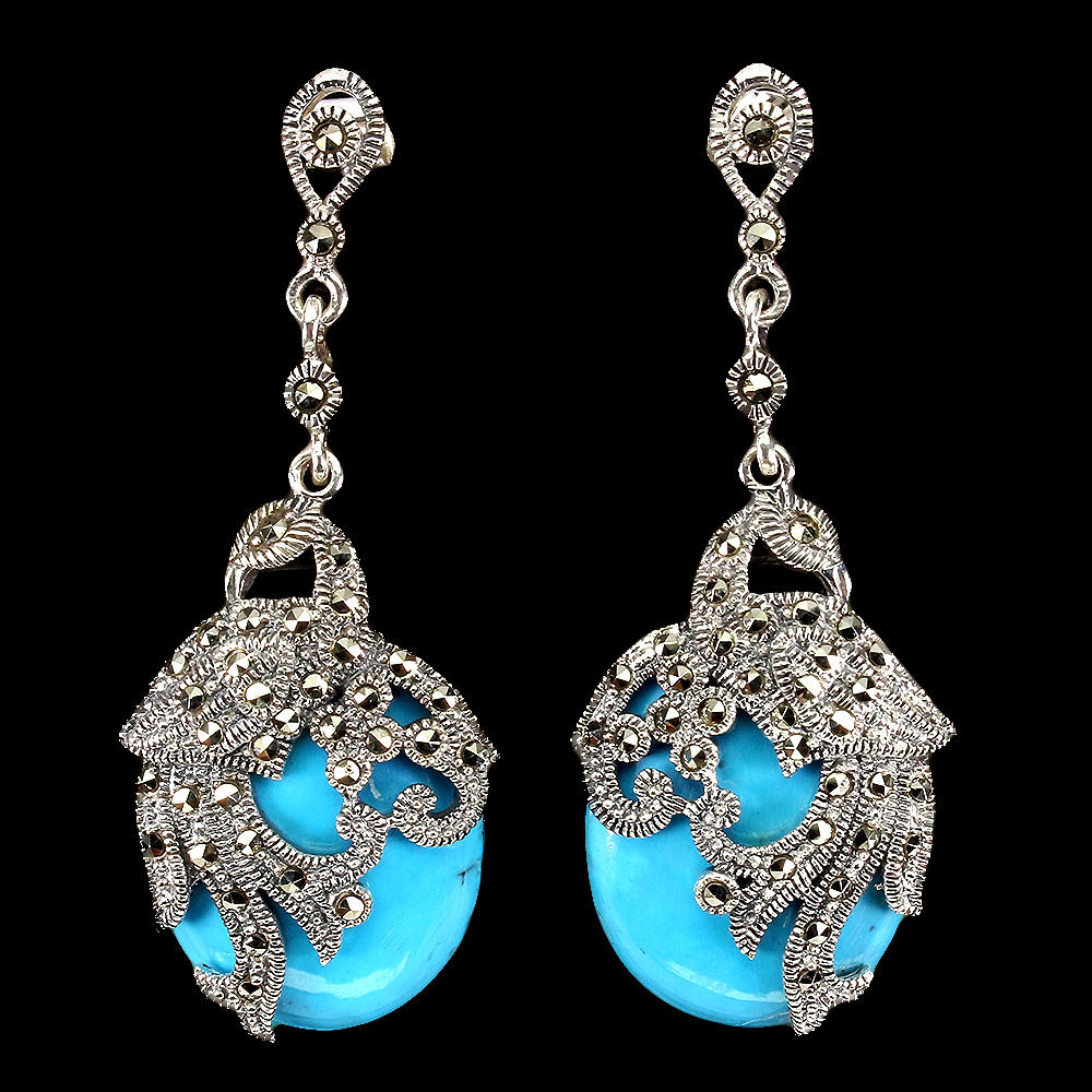 MARCASITE AND TURQUOISE SILVER EARRINGS.
