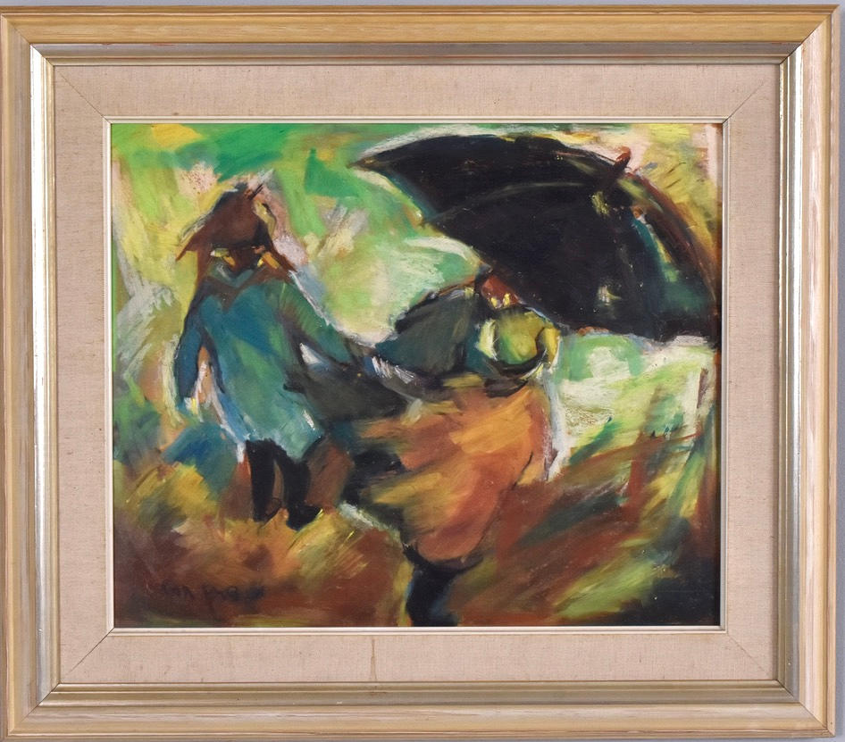OIDENTIFIERAD KONSTNÄR. gouache on panel, people in rain.