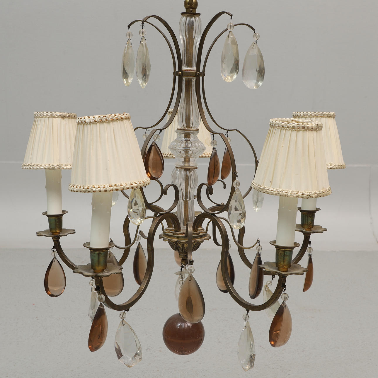 CEILING LAMP, brass and prisms, 20th century.