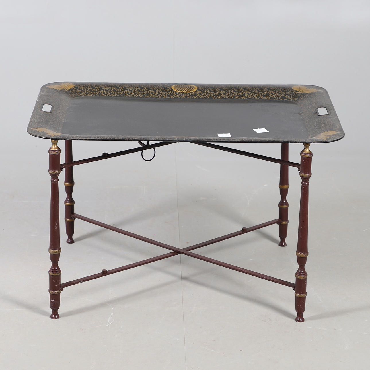 A MODERN TOLE STYLE PAINTED TRAY ON STAND.