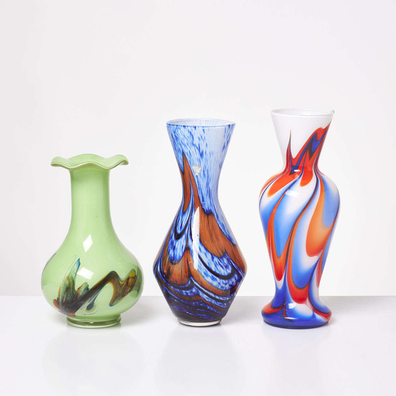 VASES, 3 pcs, incl. 'pluttaglas', possibly Pukeberg.