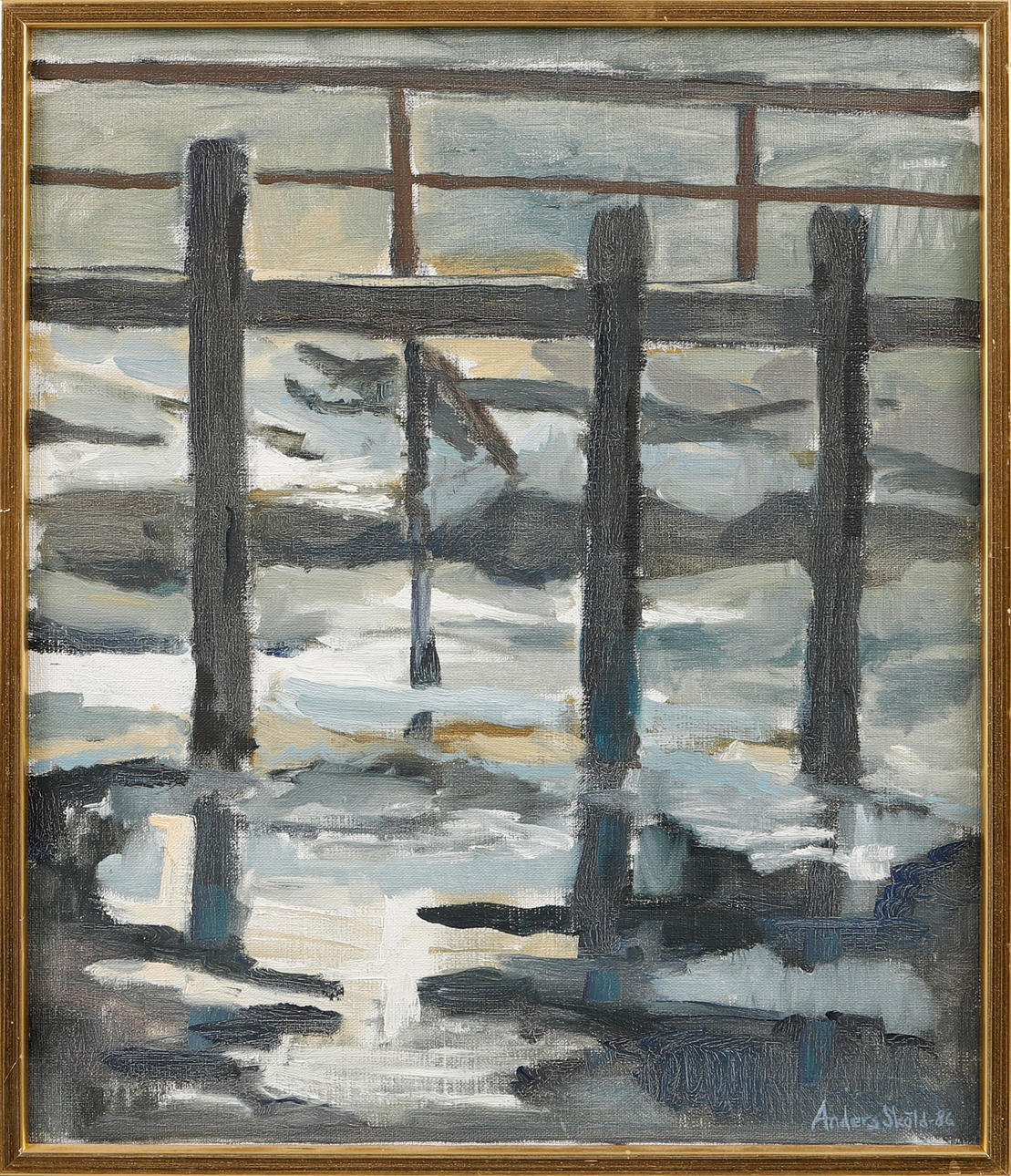 ANDERS SKÖLD. "Moonlit jetty", oil on canvas, signed and dated -86.