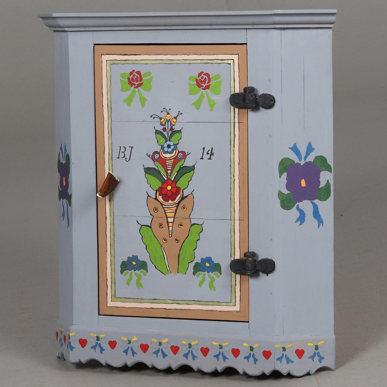 CORNER CABINET. Wall-mounted, folk art style, monogram signed and dated BJ 14, contemporary.