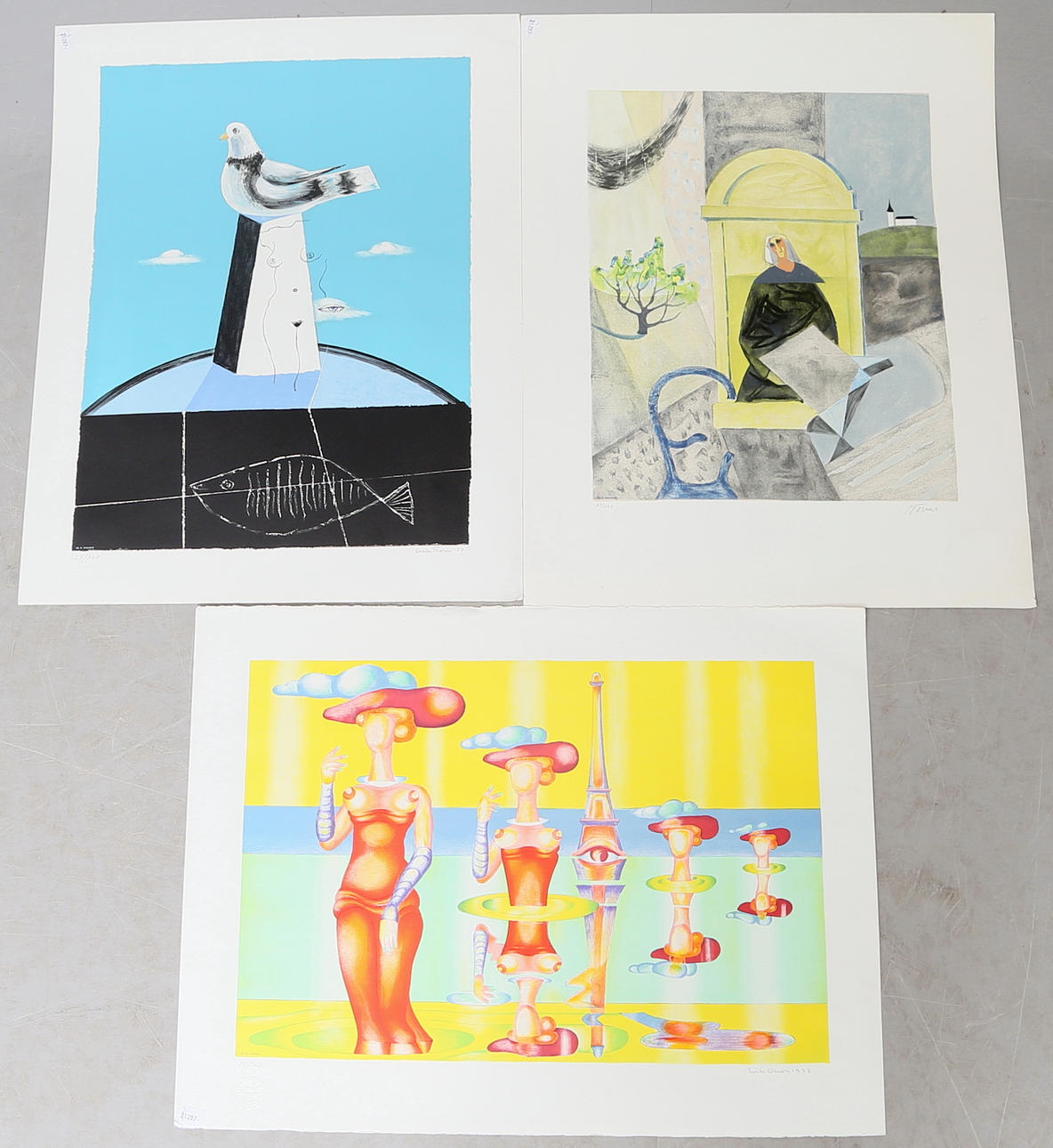 FÄRGLITOGRAFIER, 3 st, Halmstadgruppen 50-år, Erik Olson, Stellan Mörner, Esaias Thorén, nr 27/360, signerade.