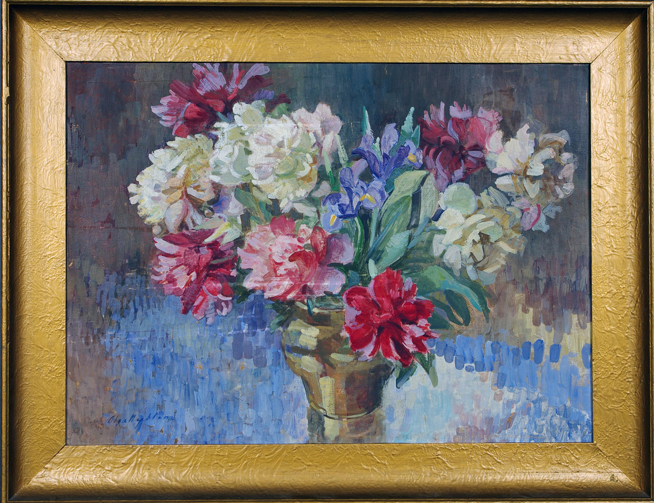 OLGA NYBLOM. blomsterstilleben, olja på pannå.