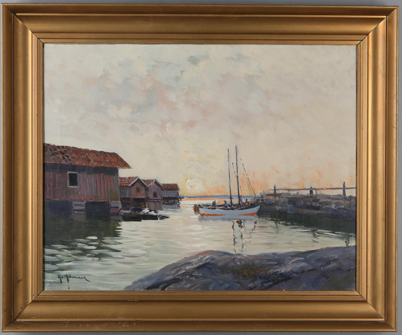 YO JOHANSSON. Olja på duk, motiv med fiskare och sjöbodar, signerad.