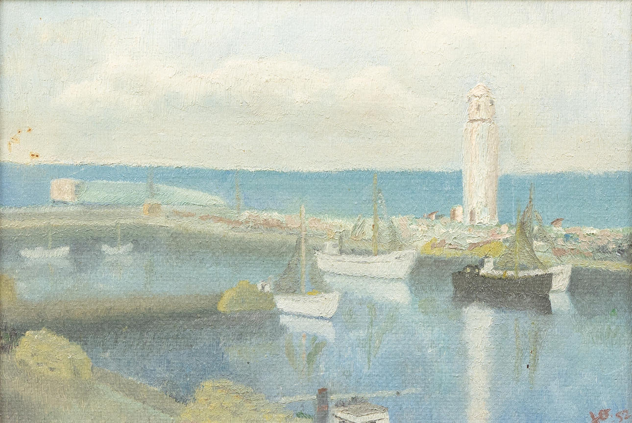 OIDENTIFIERAD KONSTNÄR. Motif from Simrishamn harbor, oil on panel, indistinctly signed and dated -52.