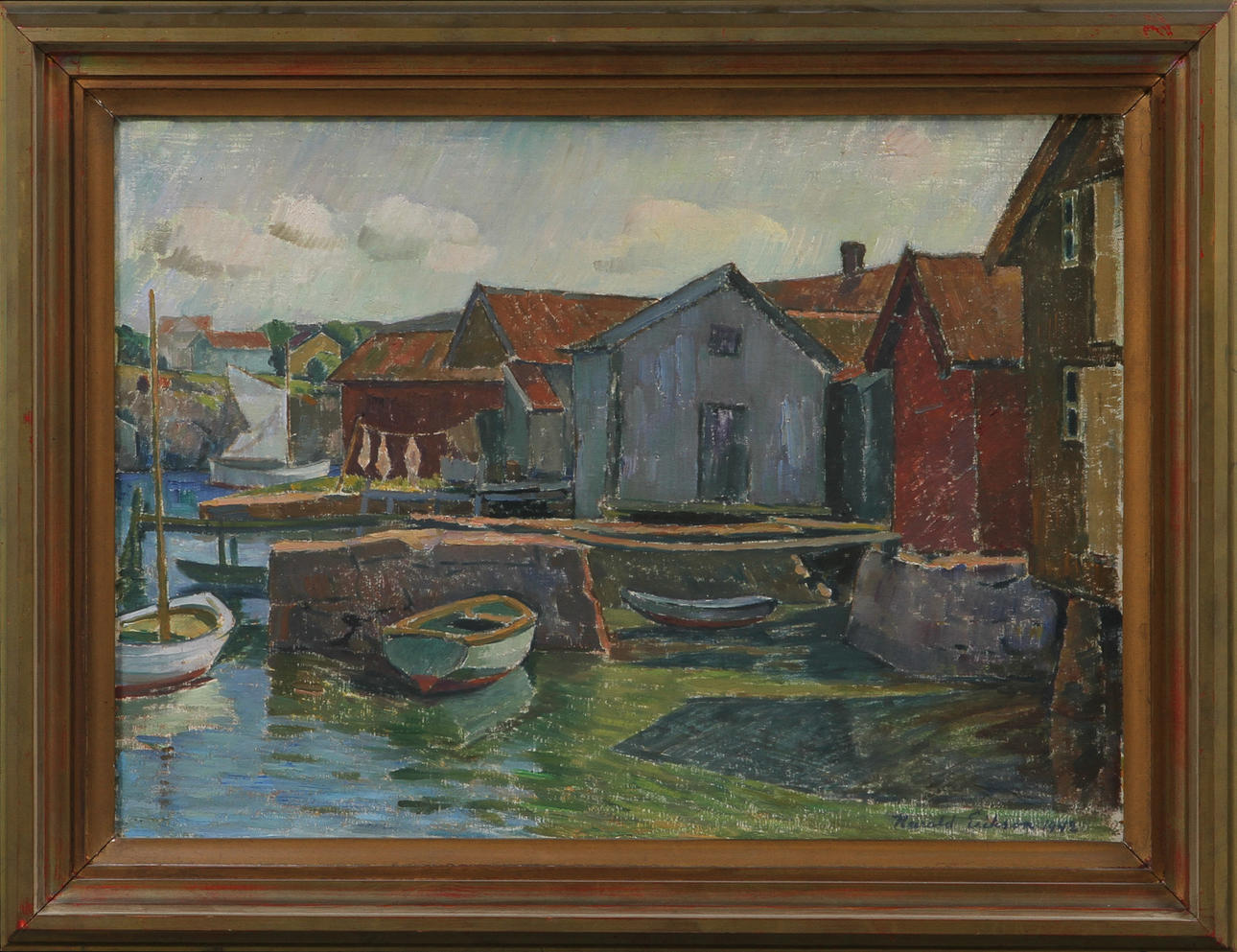 HARALD ERIKSON. Kustsamhälle, olja på duk, signerad.