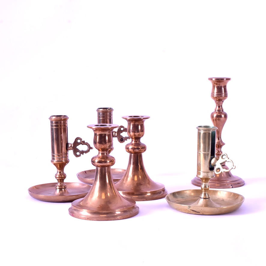 CANDLESTICKS, 6 pieces, brass/ore, 20th century.