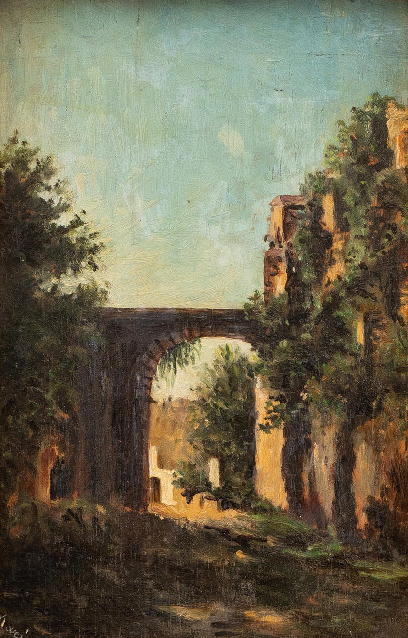 OIDENTIFIERAD KONSTNÄR (SPANIEN). The bridge, oil on panel, indistinctly signed.