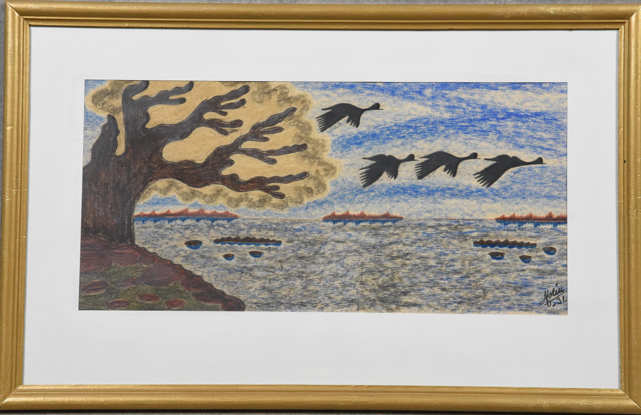 OIDENTIFIERAD KONSTNÄR. blandteknik, " Stömmande Gäss " Fiskebäcks kil,signerad, daterad -31.