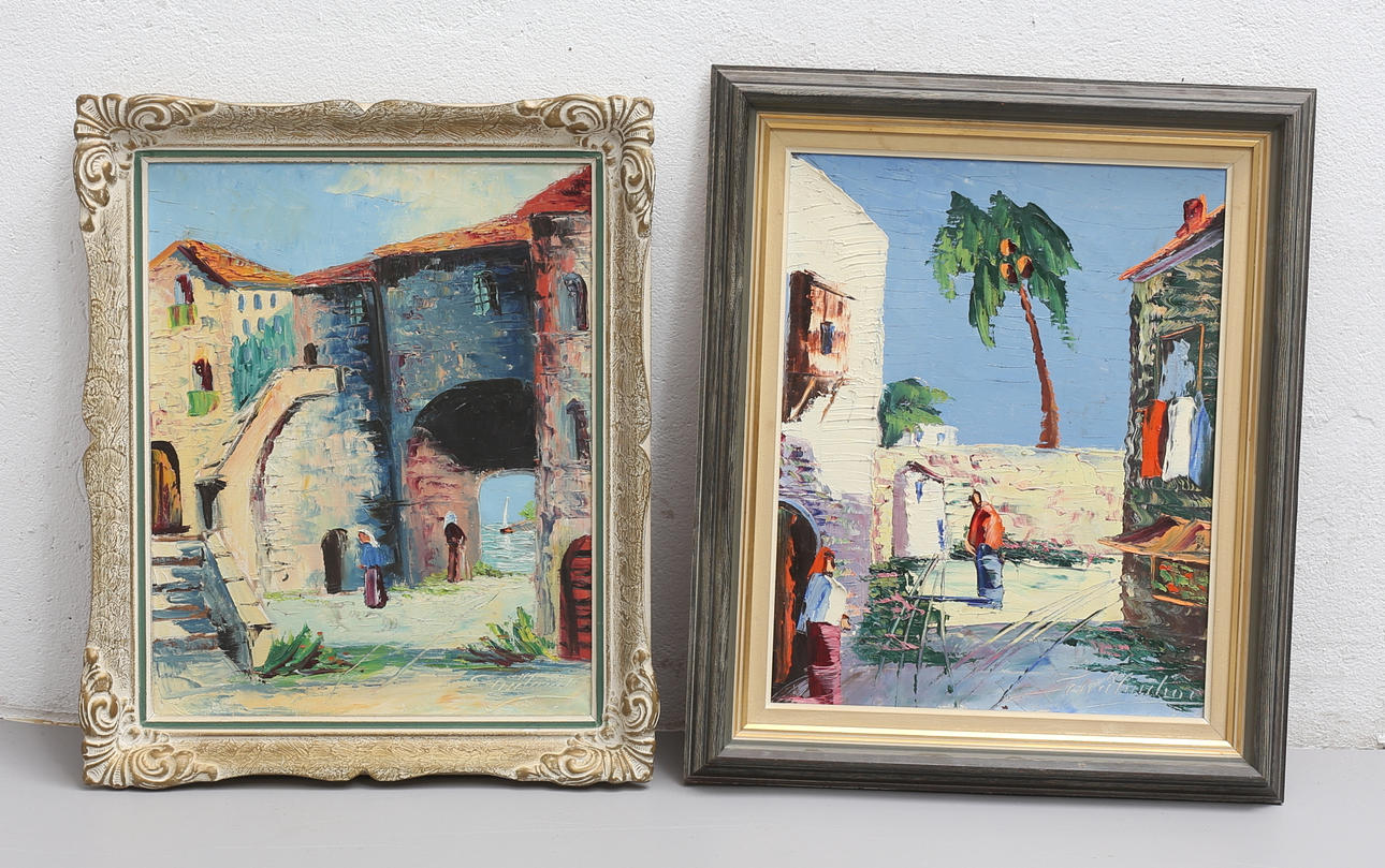 CHARLES SCHÖLANDER. Oljor, 2 st, sydländska motiv, signerad.