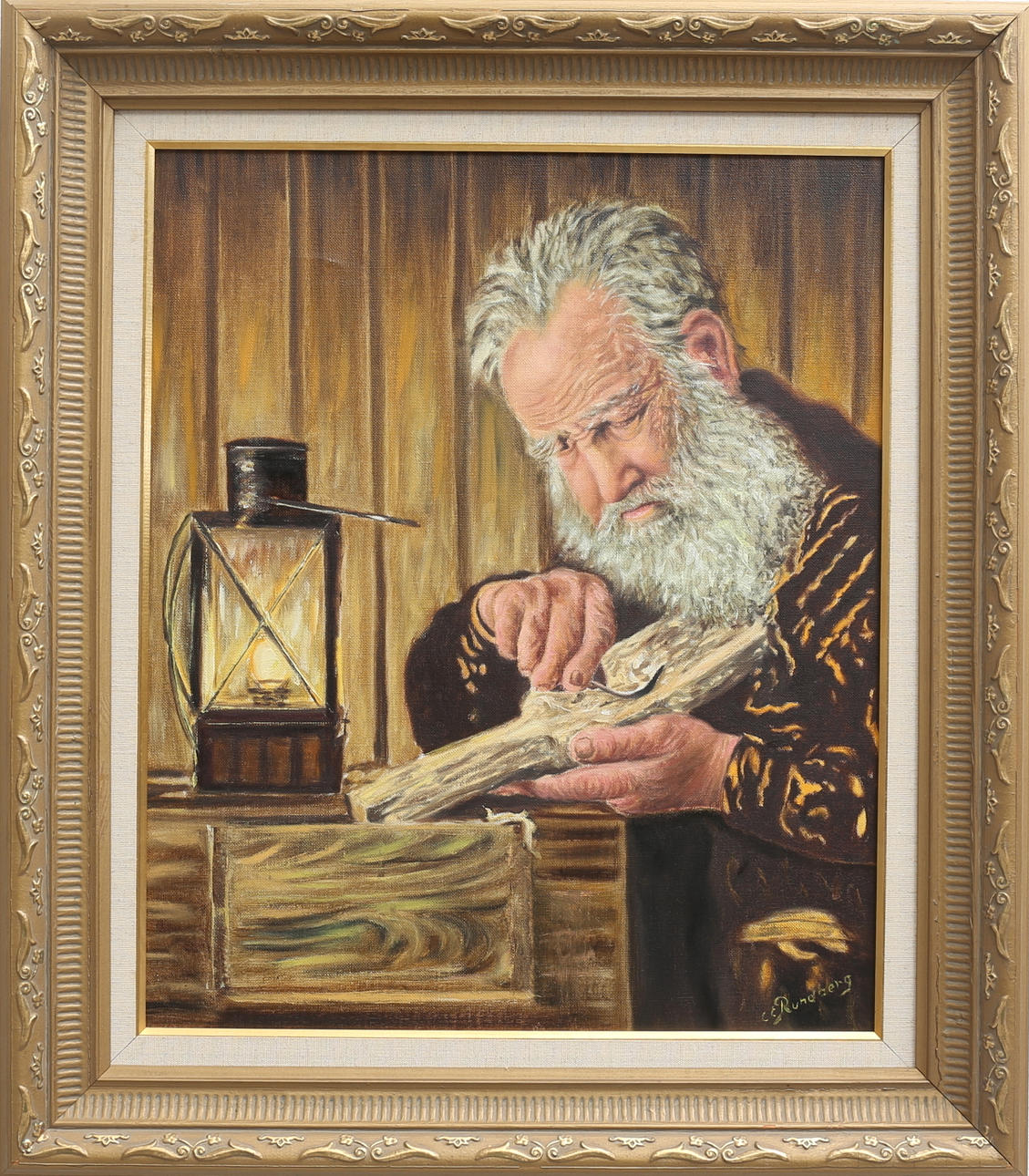 CARL-ERIC RUNDBERG. Träsnidare. Olja på duk, signerad.