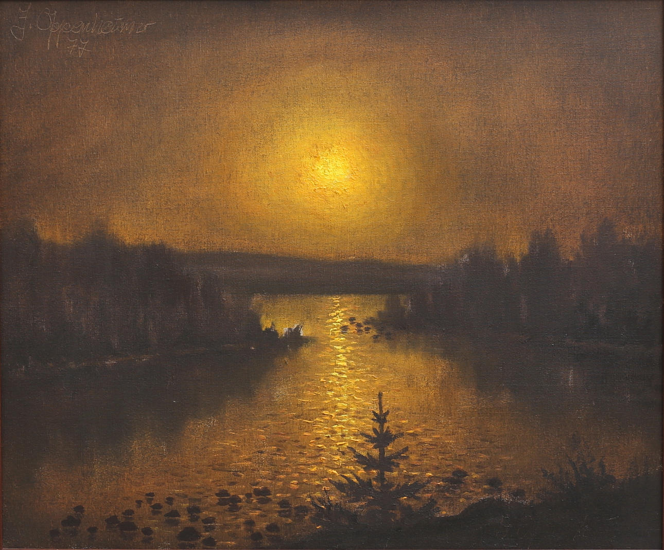JOHNNY OPPENHEIMER. Solnedgång vid skogssjö. Olja på duk, signerad och daterad 77.