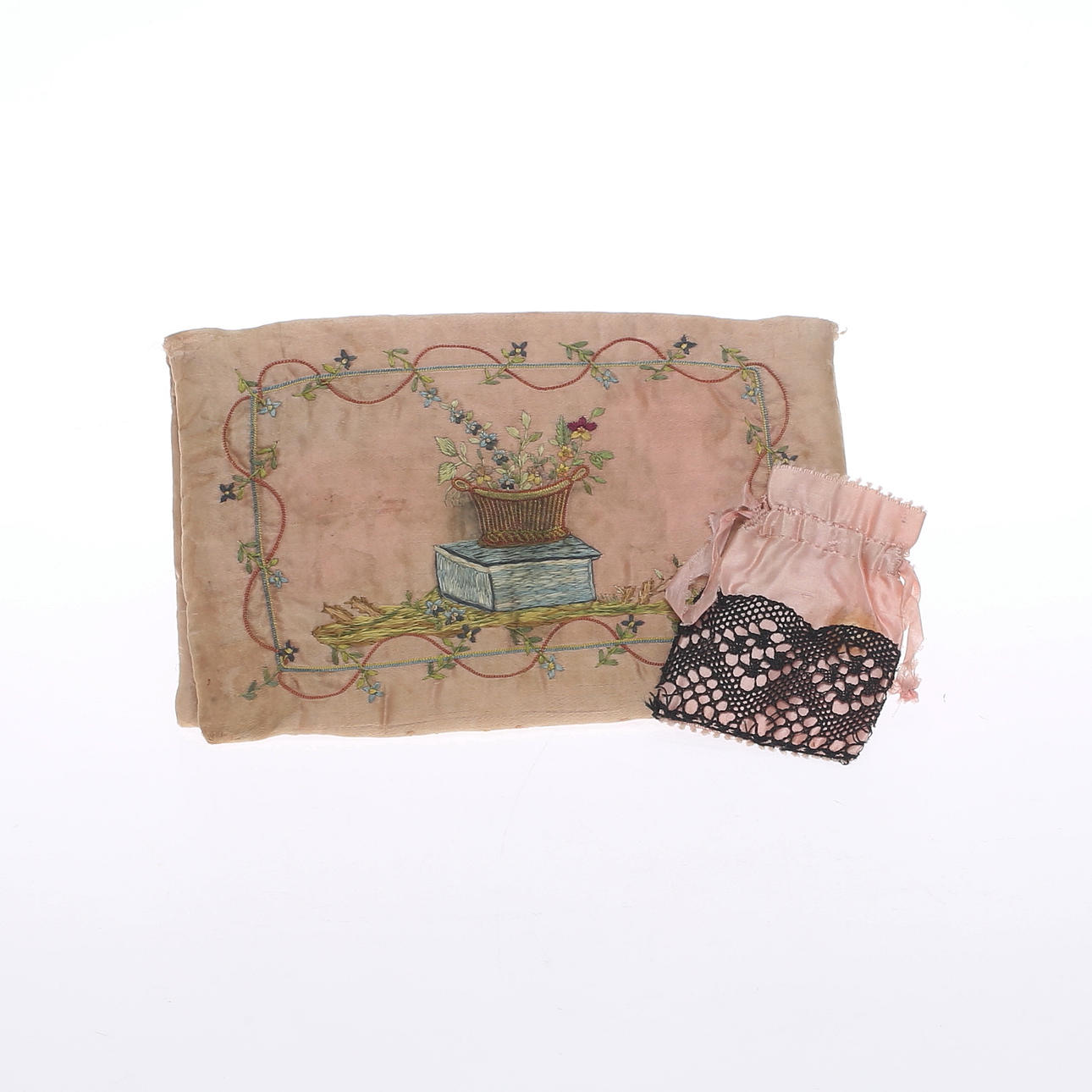 PLÅNBOK och PÅSE, broderat siden, 1797.