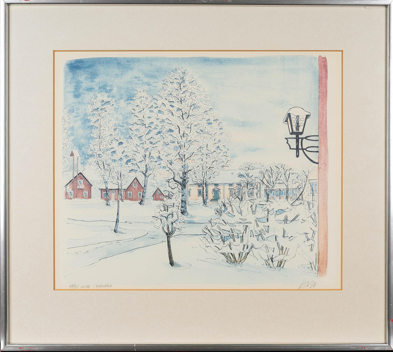KARL GERHARD "KÅGE" STENLUND. Colour lithograph, "Vinter i Strömbäck" signed, numbered 48/360.