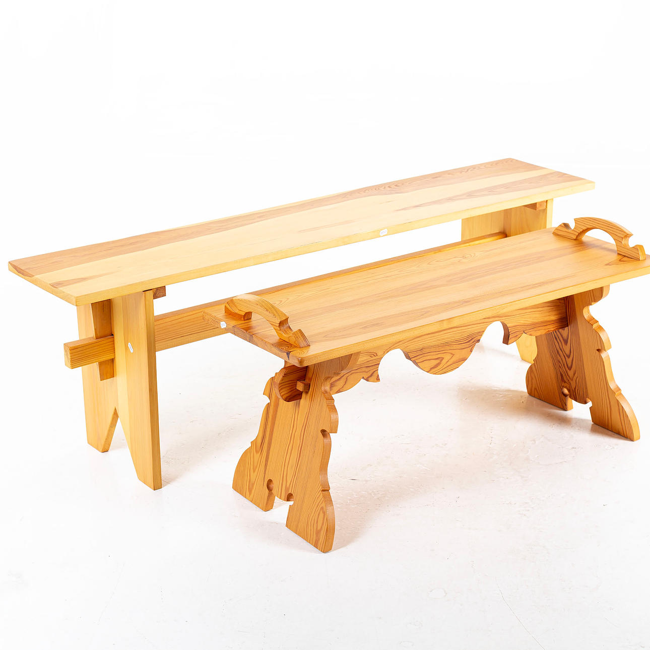BENCHES, 1 pair, pine, late 20th century.