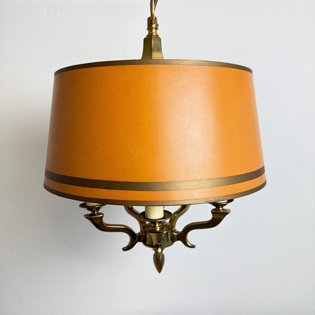 5-ARM BRASS CHANDELIER 1970S CANDLE EFFECT.